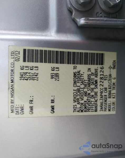 2012 Nissan Altima Base из США, поврежденный, VIN 1N4AL2AP4CC228126